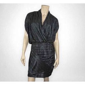 Rachel Roy Pleated Metallic Black Faux Wrap Cap Sleeve Dress Cinched Waist S